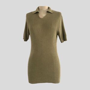 Vintage Banana Republic 90s Sandy Beige Neutral Silk Ribbed Collared Top M